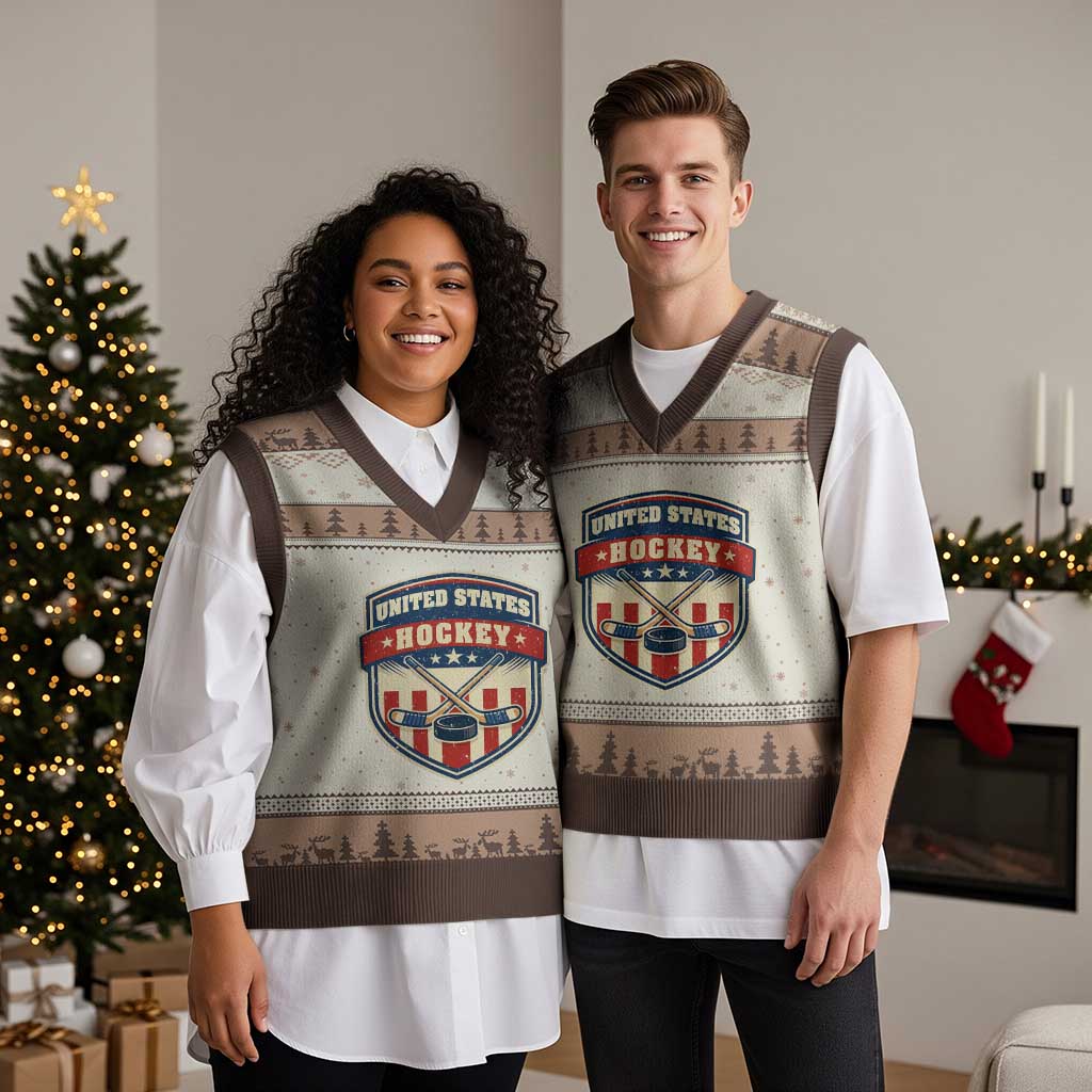 Hockey Crossed Sticks And Puck Retro USA Shield Flag V-Neck Knit Sweater Vest Red White Blue Striped Patriotic Sports Fan Pride Graphic