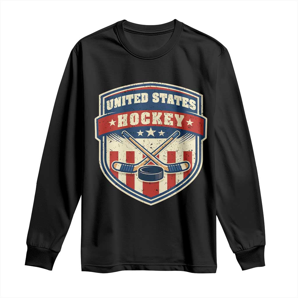 Hockey Crossed Sticks And Puck Retro USA Shield Flag Long Sleeve Shirt Red White Blue Striped Patriotic Sports Fan Pride Graphic