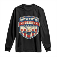 Hockey Crossed Sticks And Puck Retro USA Shield Flag Long Sleeve Shirt Red White Blue Striped Patriotic Sports Fan Pride Graphic