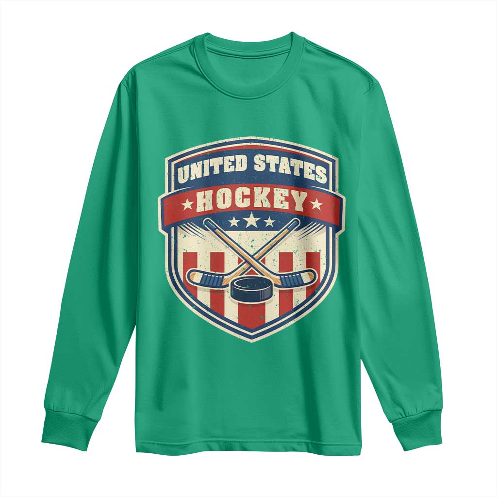 Hockey Crossed Sticks And Puck Retro USA Shield Flag Long Sleeve Shirt Red White Blue Striped Patriotic Sports Fan Pride Graphic