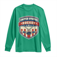 Hockey Crossed Sticks And Puck Retro USA Shield Flag Long Sleeve Shirt Red White Blue Striped Patriotic Sports Fan Pride Graphic
