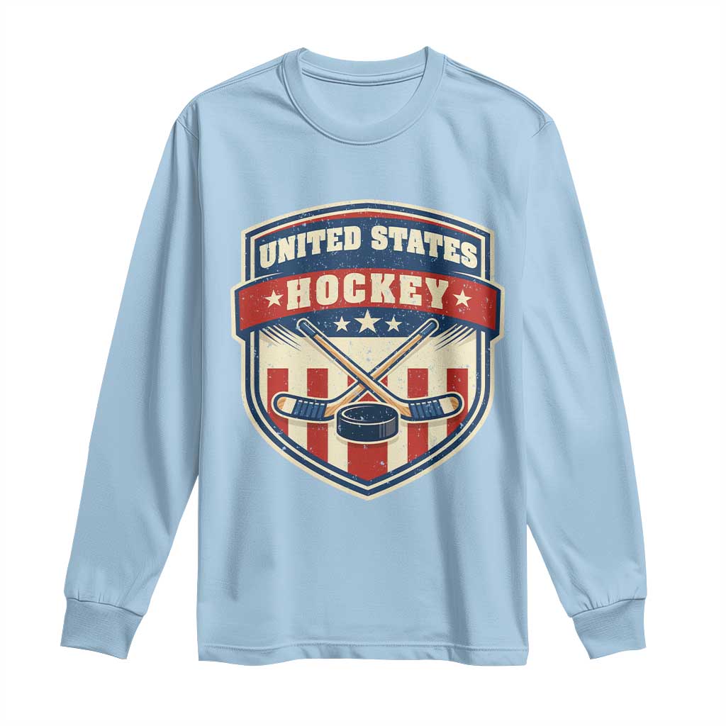 Hockey Crossed Sticks And Puck Retro USA Shield Flag Long Sleeve Shirt Red White Blue Striped Patriotic Sports Fan Pride Graphic