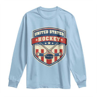Hockey Crossed Sticks And Puck Retro USA Shield Flag Long Sleeve Shirt Red White Blue Striped Patriotic Sports Fan Pride Graphic