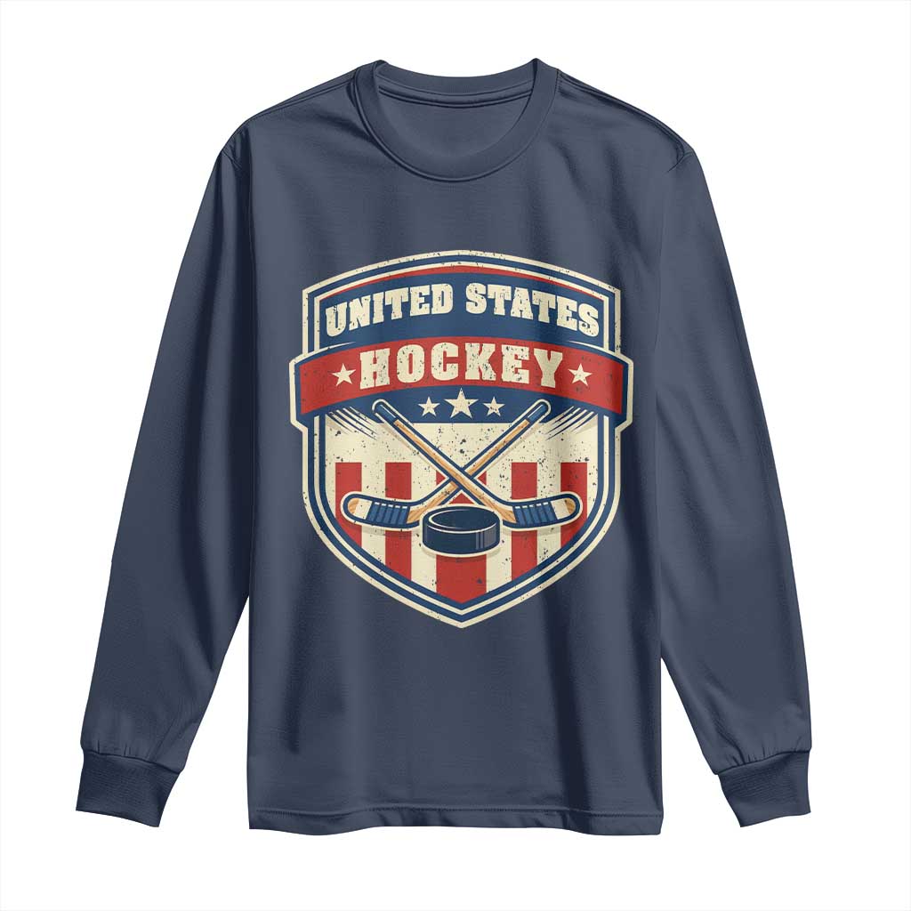 Hockey Crossed Sticks And Puck Retro USA Shield Flag Long Sleeve Shirt Red White Blue Striped Patriotic Sports Fan Pride Graphic