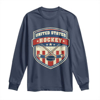 Hockey Crossed Sticks And Puck Retro USA Shield Flag Long Sleeve Shirt Red White Blue Striped Patriotic Sports Fan Pride Graphic