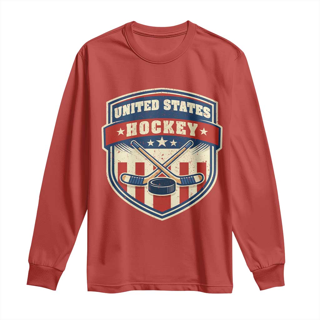 Hockey Crossed Sticks And Puck Retro USA Shield Flag Long Sleeve Shirt Red White Blue Striped Patriotic Sports Fan Pride Graphic
