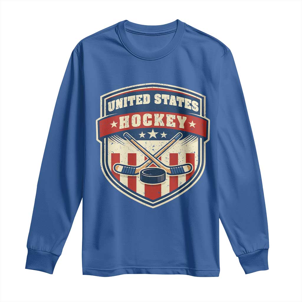 Hockey Crossed Sticks And Puck Retro USA Shield Flag Long Sleeve Shirt Red White Blue Striped Patriotic Sports Fan Pride Graphic