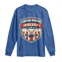 Hockey Crossed Sticks And Puck Retro USA Shield Flag Long Sleeve Shirt Red White Blue Striped Patriotic Sports Fan Pride Graphic