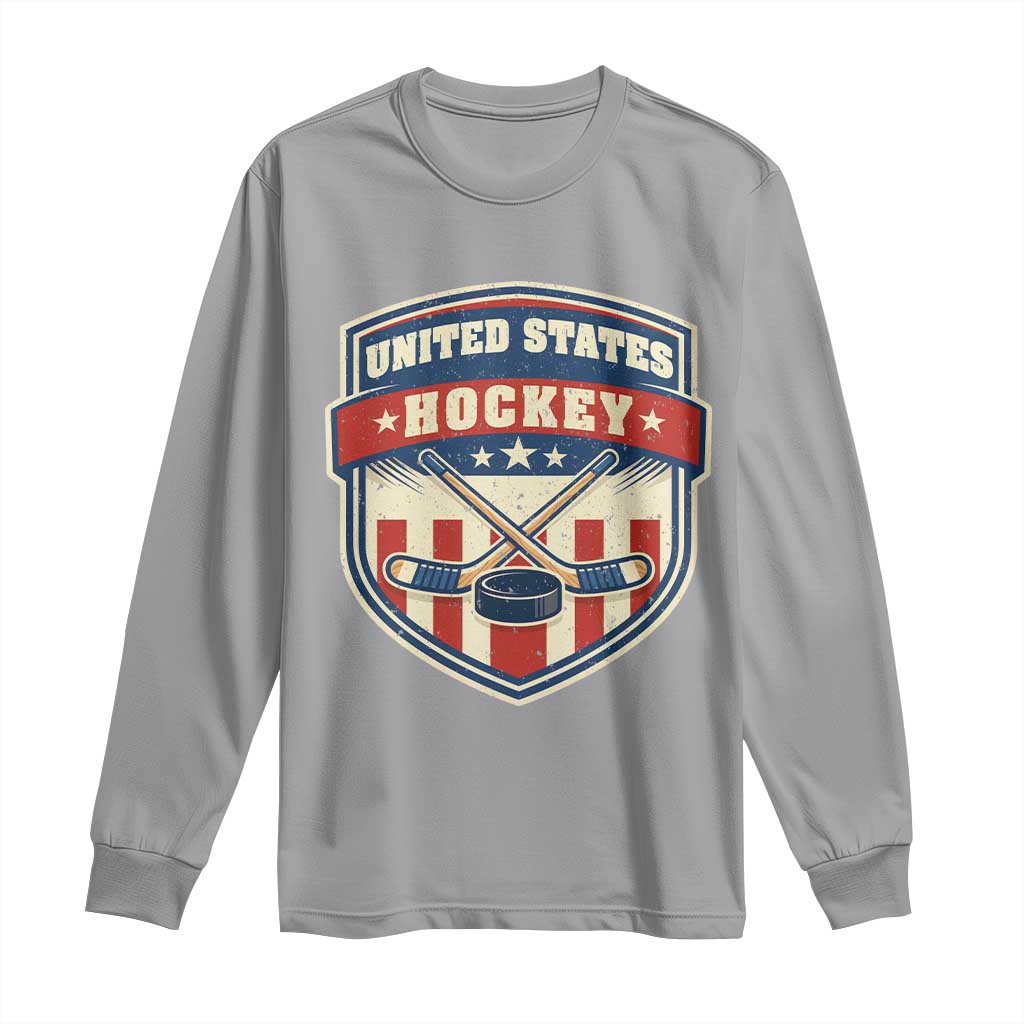 Hockey Crossed Sticks And Puck Retro USA Shield Flag Long Sleeve Shirt Red White Blue Striped Patriotic Sports Fan Pride Graphic