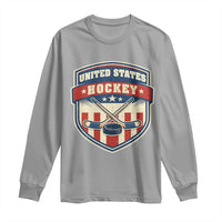 Hockey Crossed Sticks And Puck Retro USA Shield Flag Long Sleeve Shirt Red White Blue Striped Patriotic Sports Fan Pride Graphic