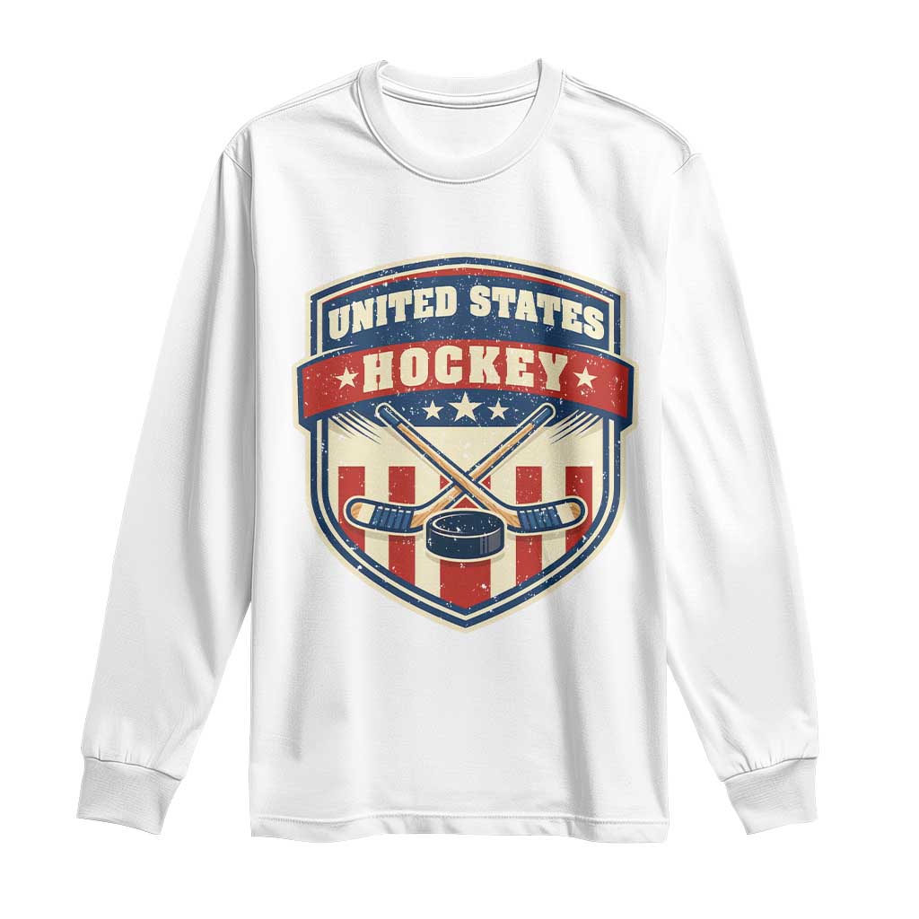 Hockey Crossed Sticks And Puck Retro USA Shield Flag Long Sleeve Shirt Red White Blue Striped Patriotic Sports Fan Pride Graphic