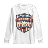 Hockey Crossed Sticks And Puck Retro USA Shield Flag Long Sleeve Shirt Red White Blue Striped Patriotic Sports Fan Pride Graphic