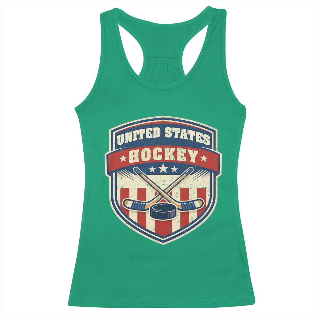 Hockey Crossed Sticks And Puck Retro USA Shield Flag Racerback Tank Top Red White Blue Striped Patriotic Sports Fan Pride Graphic