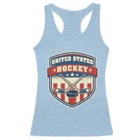 Hockey Crossed Sticks And Puck Retro USA Shield Flag Racerback Tank Top Red White Blue Striped Patriotic Sports Fan Pride Graphic