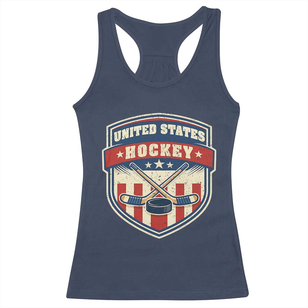 Hockey Crossed Sticks And Puck Retro USA Shield Flag Racerback Tank Top Red White Blue Striped Patriotic Sports Fan Pride Graphic