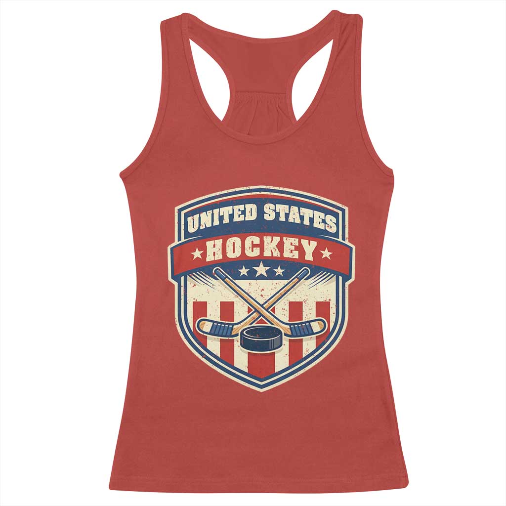 Hockey Crossed Sticks And Puck Retro USA Shield Flag Racerback Tank Top Red White Blue Striped Patriotic Sports Fan Pride Graphic