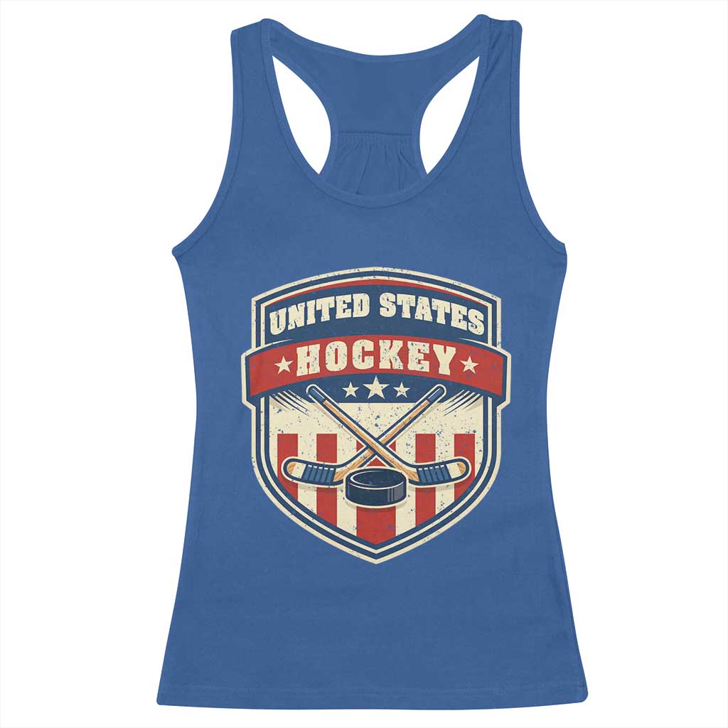 Hockey Crossed Sticks And Puck Retro USA Shield Flag Racerback Tank Top Red White Blue Striped Patriotic Sports Fan Pride Graphic