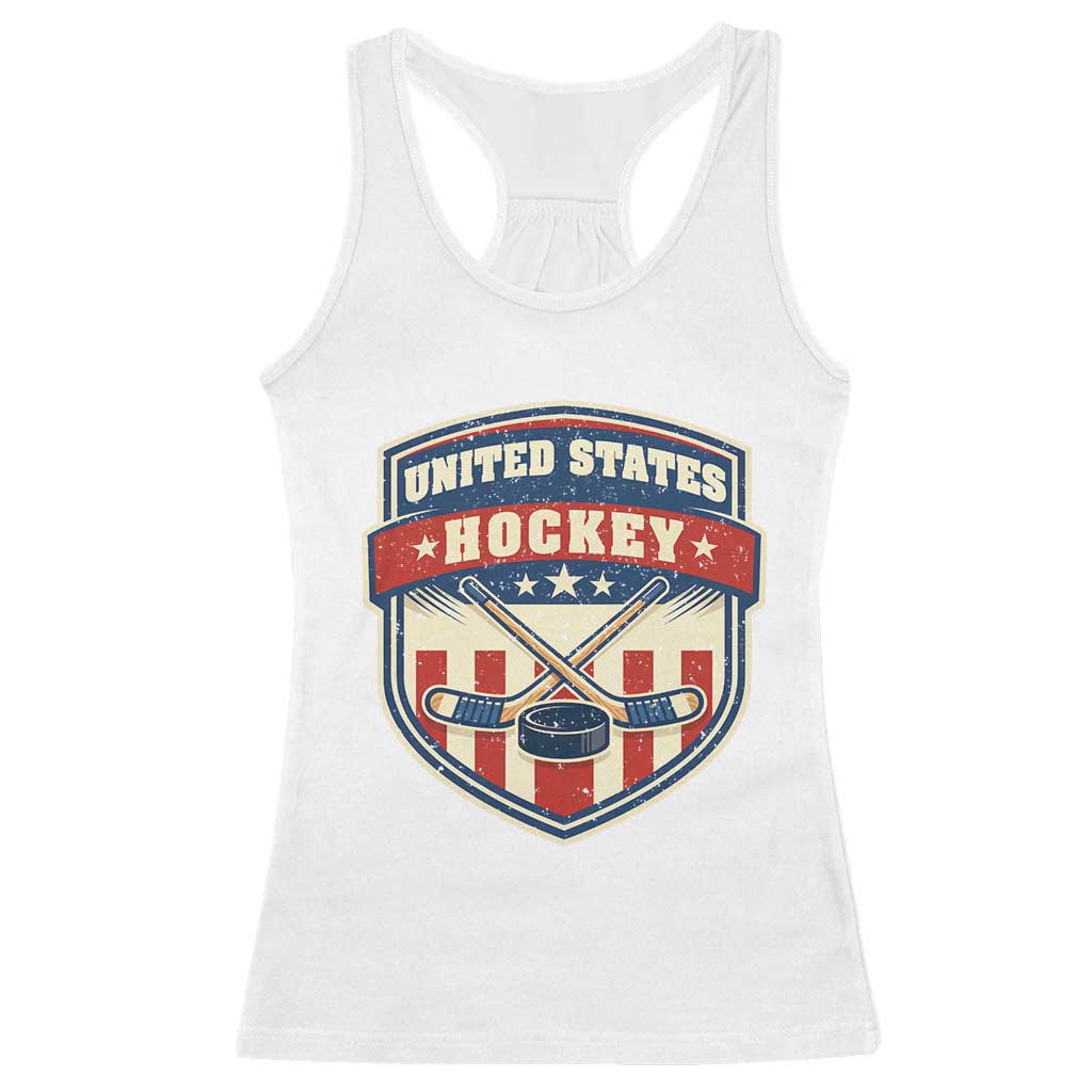 Hockey Crossed Sticks And Puck Retro USA Shield Flag Racerback Tank Top Red White Blue Striped Patriotic Sports Fan Pride Graphic