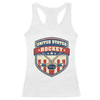 Hockey Crossed Sticks And Puck Retro USA Shield Flag Racerback Tank Top Red White Blue Striped Patriotic Sports Fan Pride Graphic