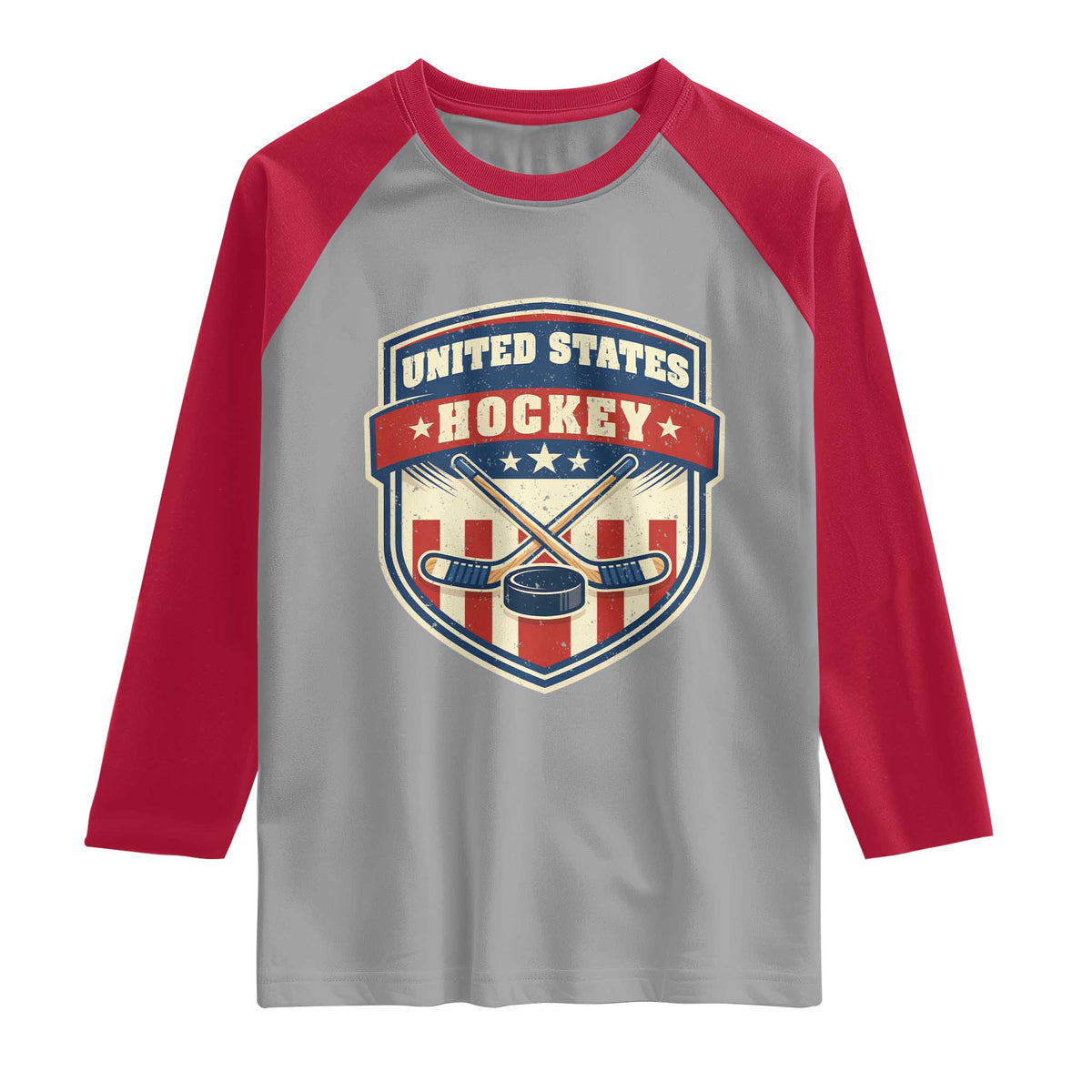 Hockey Crossed Sticks And Puck Retro USA Shield Flag Raglan Shirt Red White Blue Striped Patriotic Sports Fan Pride Graphic
