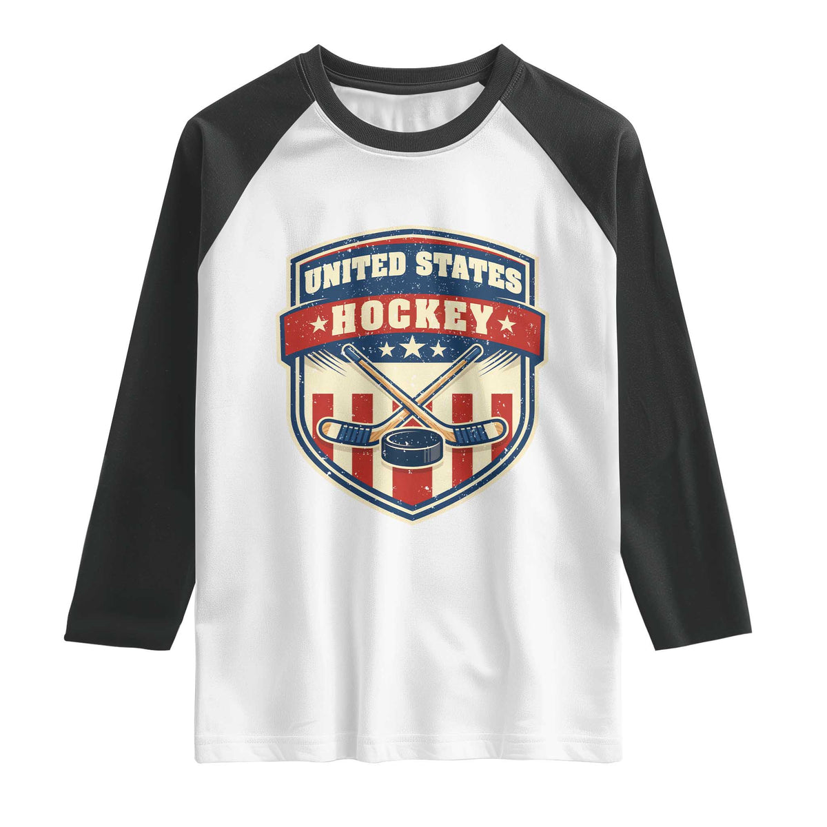 Hockey Crossed Sticks And Puck Retro USA Shield Flag Raglan Shirt Red White Blue Striped Patriotic Sports Fan Pride Graphic