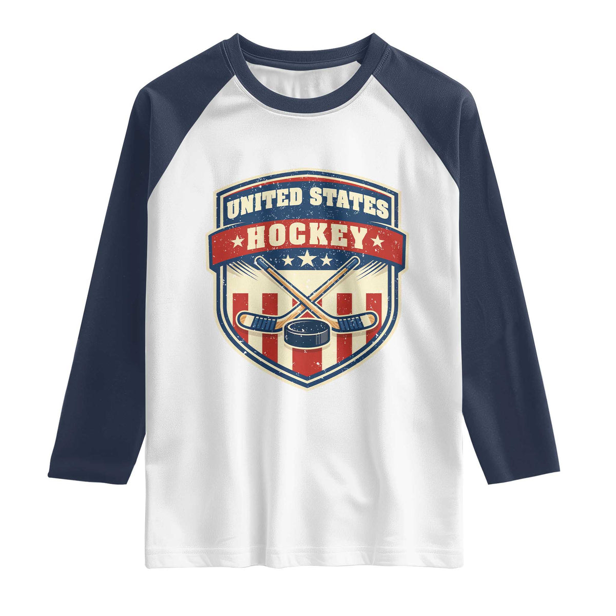 Hockey Crossed Sticks And Puck Retro USA Shield Flag Raglan Shirt Red White Blue Striped Patriotic Sports Fan Pride Graphic