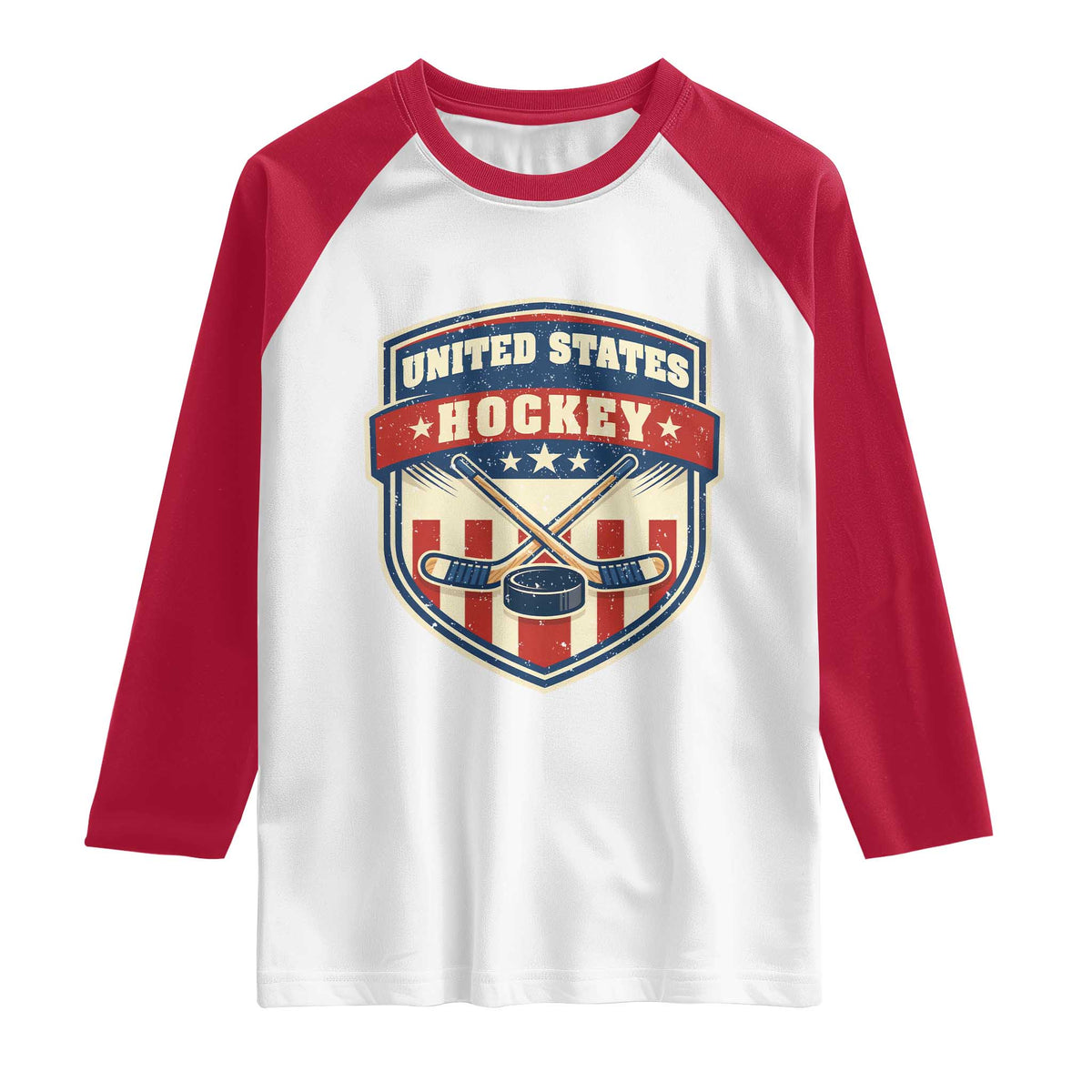 Hockey Crossed Sticks And Puck Retro USA Shield Flag Raglan Shirt Red White Blue Striped Patriotic Sports Fan Pride Graphic