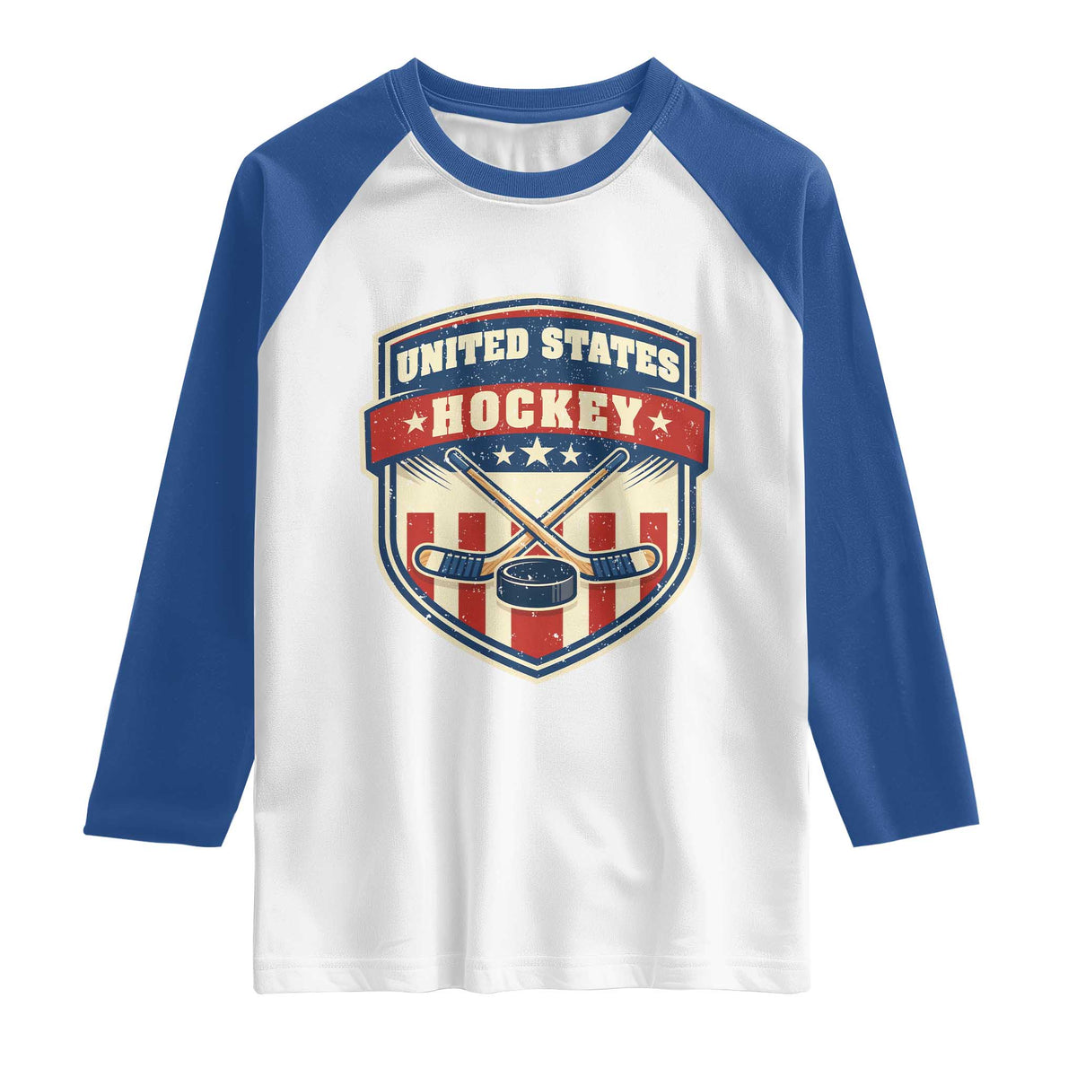 Hockey Crossed Sticks And Puck Retro USA Shield Flag Raglan Shirt Red White Blue Striped Patriotic Sports Fan Pride Graphic