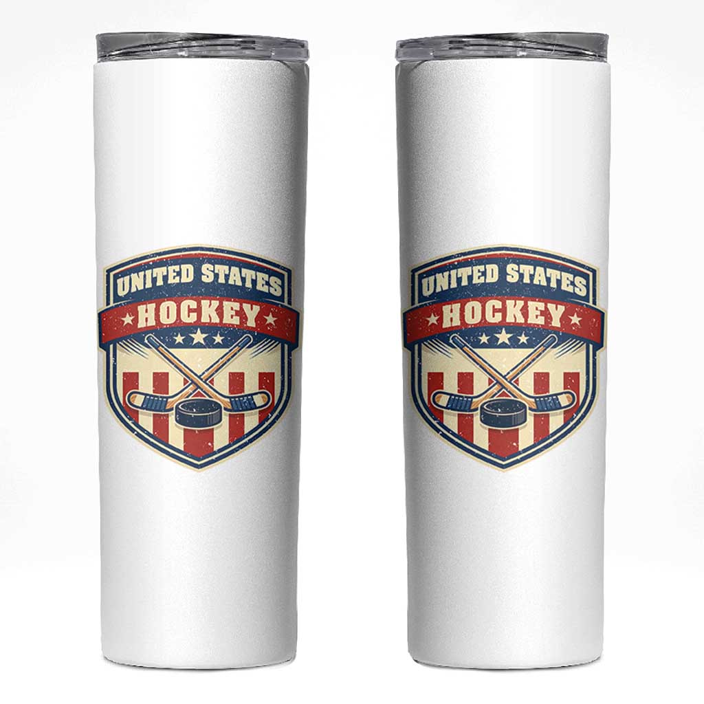 Hockey Crossed Sticks And Puck Retro USA Shield Flag Skinny Tumbler Red White Blue Striped Patriotic Sports Fan Pride Graphic