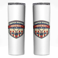 Hockey Crossed Sticks And Puck Retro USA Shield Flag Skinny Tumbler Red White Blue Striped Patriotic Sports Fan Pride Graphic