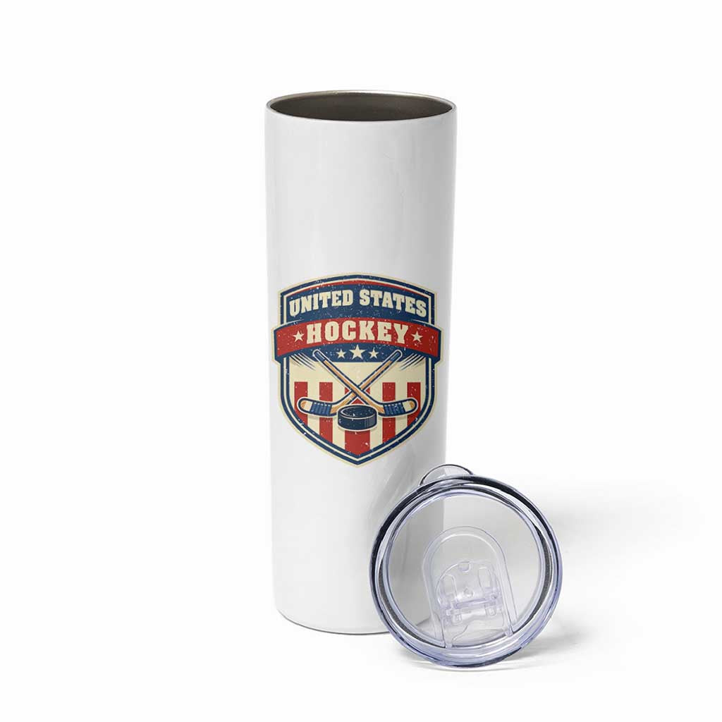 Hockey Crossed Sticks And Puck Retro USA Shield Flag Skinny Tumbler Red White Blue Striped Patriotic Sports Fan Pride Graphic