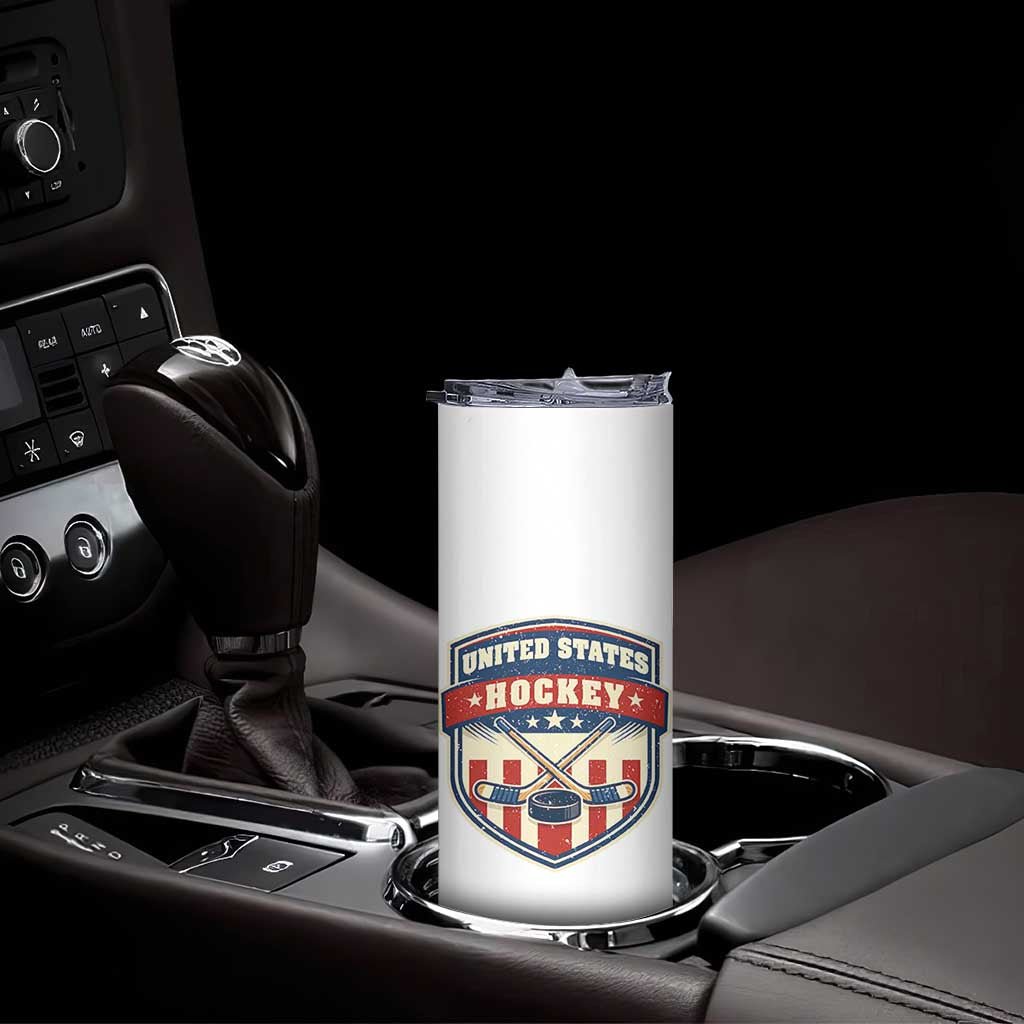 Hockey Crossed Sticks And Puck Retro USA Shield Flag Skinny Tumbler Red White Blue Striped Patriotic Sports Fan Pride Graphic