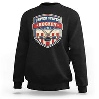 Hockey Crossed Sticks And Puck Retro USA Shield Flag Sweatshirt Red White Blue Striped Patriotic Sports Fan Pride Graphic