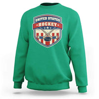 Hockey Crossed Sticks And Puck Retro USA Shield Flag Sweatshirt Red White Blue Striped Patriotic Sports Fan Pride Graphic