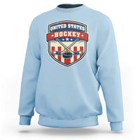 Hockey Crossed Sticks And Puck Retro USA Shield Flag Sweatshirt Red White Blue Striped Patriotic Sports Fan Pride Graphic
