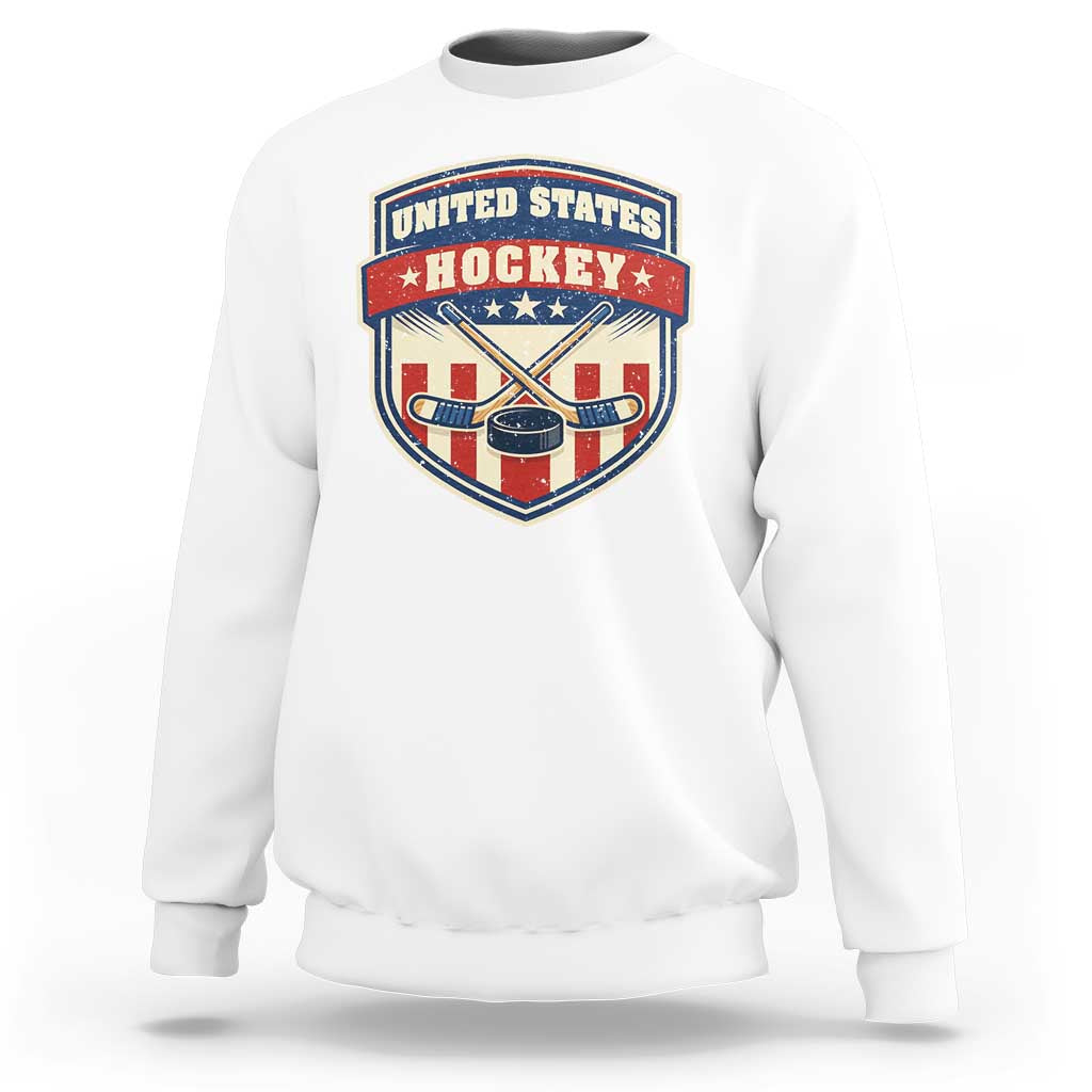 Hockey Crossed Sticks And Puck Retro USA Shield Flag Sweatshirt Red White Blue Striped Patriotic Sports Fan Pride Graphic