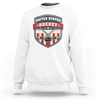 Hockey Crossed Sticks And Puck Retro USA Shield Flag Sweatshirt Red White Blue Striped Patriotic Sports Fan Pride Graphic