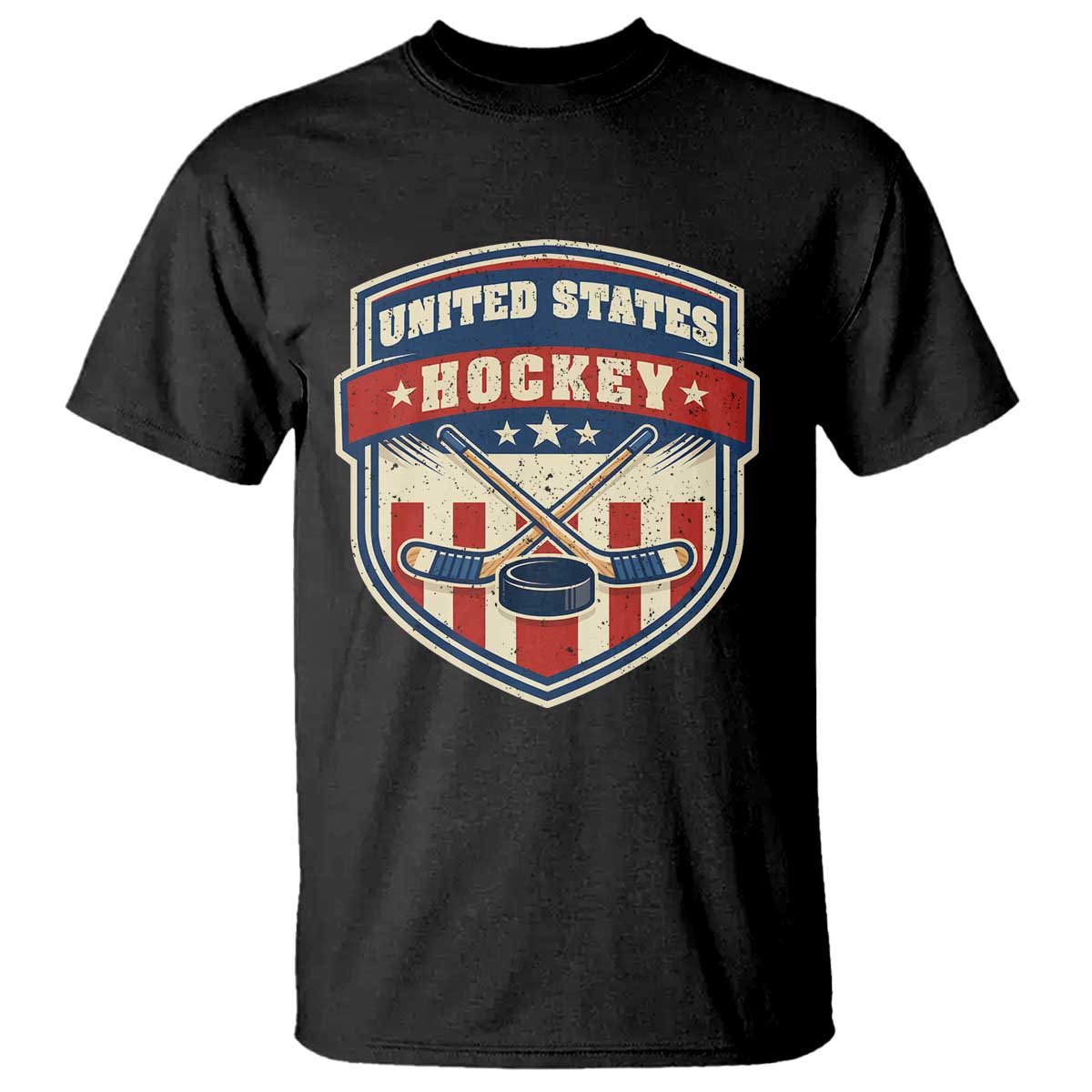 Hockey Crossed Sticks And Puck Retro USA Shield Flag T Shirt Red White Blue Striped Patriotic Sports Fan Pride Graphic