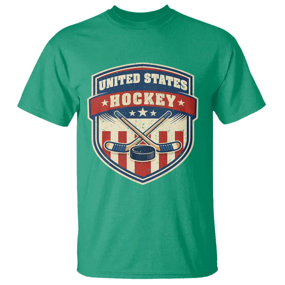 Hockey Crossed Sticks And Puck Retro USA Shield Flag T Shirt Red White Blue Striped Patriotic Sports Fan Pride Graphic