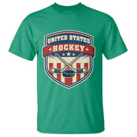 Hockey Crossed Sticks And Puck Retro USA Shield Flag T Shirt Red White Blue Striped Patriotic Sports Fan Pride Graphic