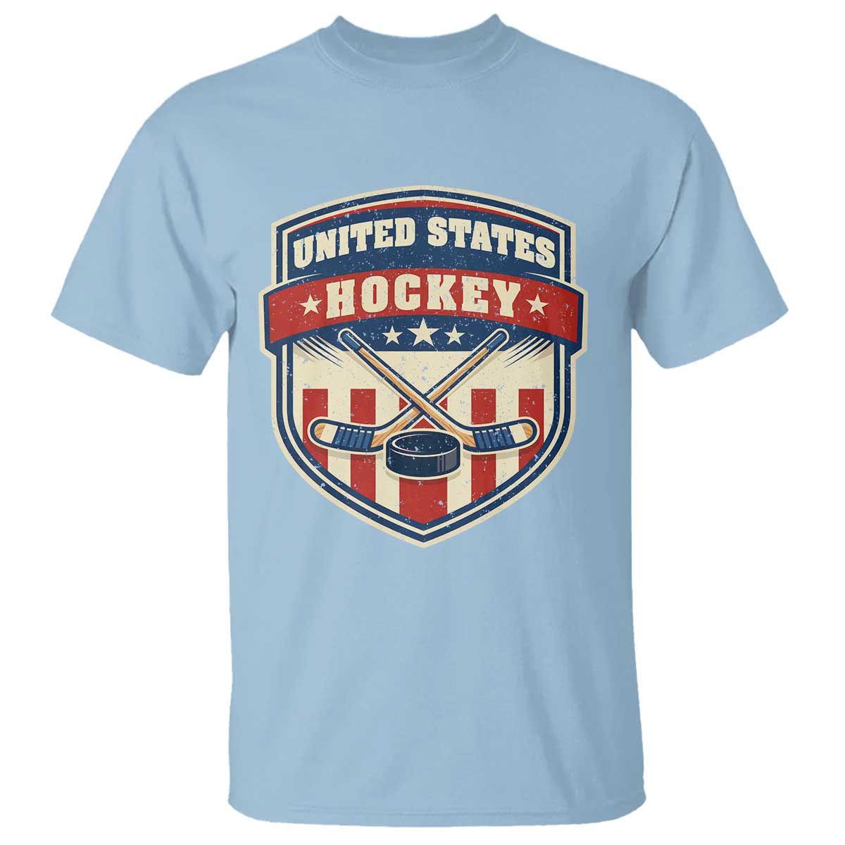 Hockey Crossed Sticks And Puck Retro USA Shield Flag T Shirt Red White Blue Striped Patriotic Sports Fan Pride Graphic