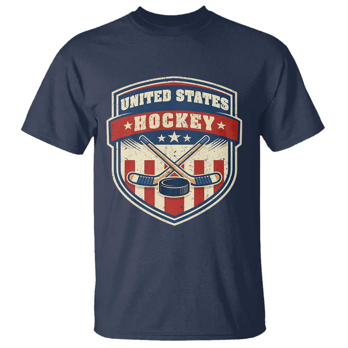 Hockey Crossed Sticks And Puck Retro USA Shield Flag T Shirt Red White Blue Striped Patriotic Sports Fan Pride Graphic
