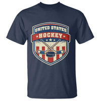 Hockey Crossed Sticks And Puck Retro USA Shield Flag T Shirt Red White Blue Striped Patriotic Sports Fan Pride Graphic