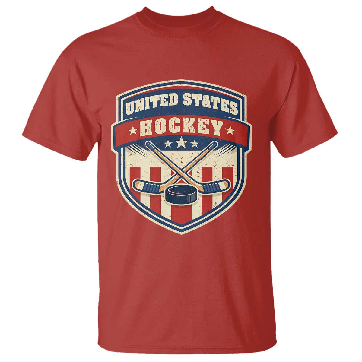 Hockey Crossed Sticks And Puck Retro USA Shield Flag T Shirt Red White Blue Striped Patriotic Sports Fan Pride Graphic