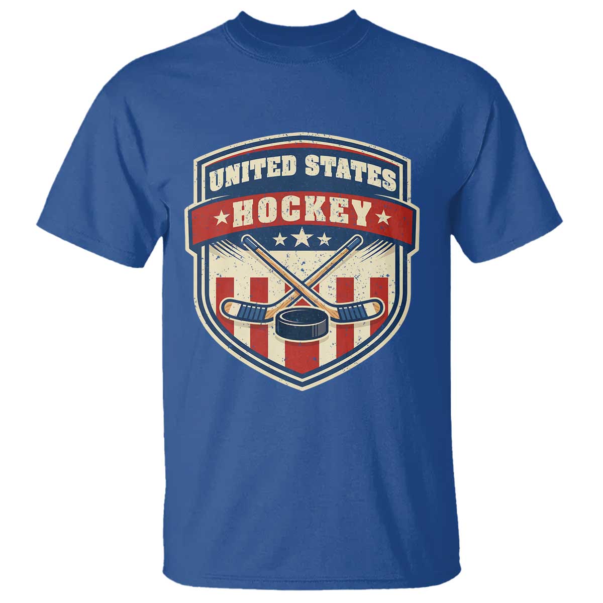 Hockey Crossed Sticks And Puck Retro USA Shield Flag T Shirt Red White Blue Striped Patriotic Sports Fan Pride Graphic