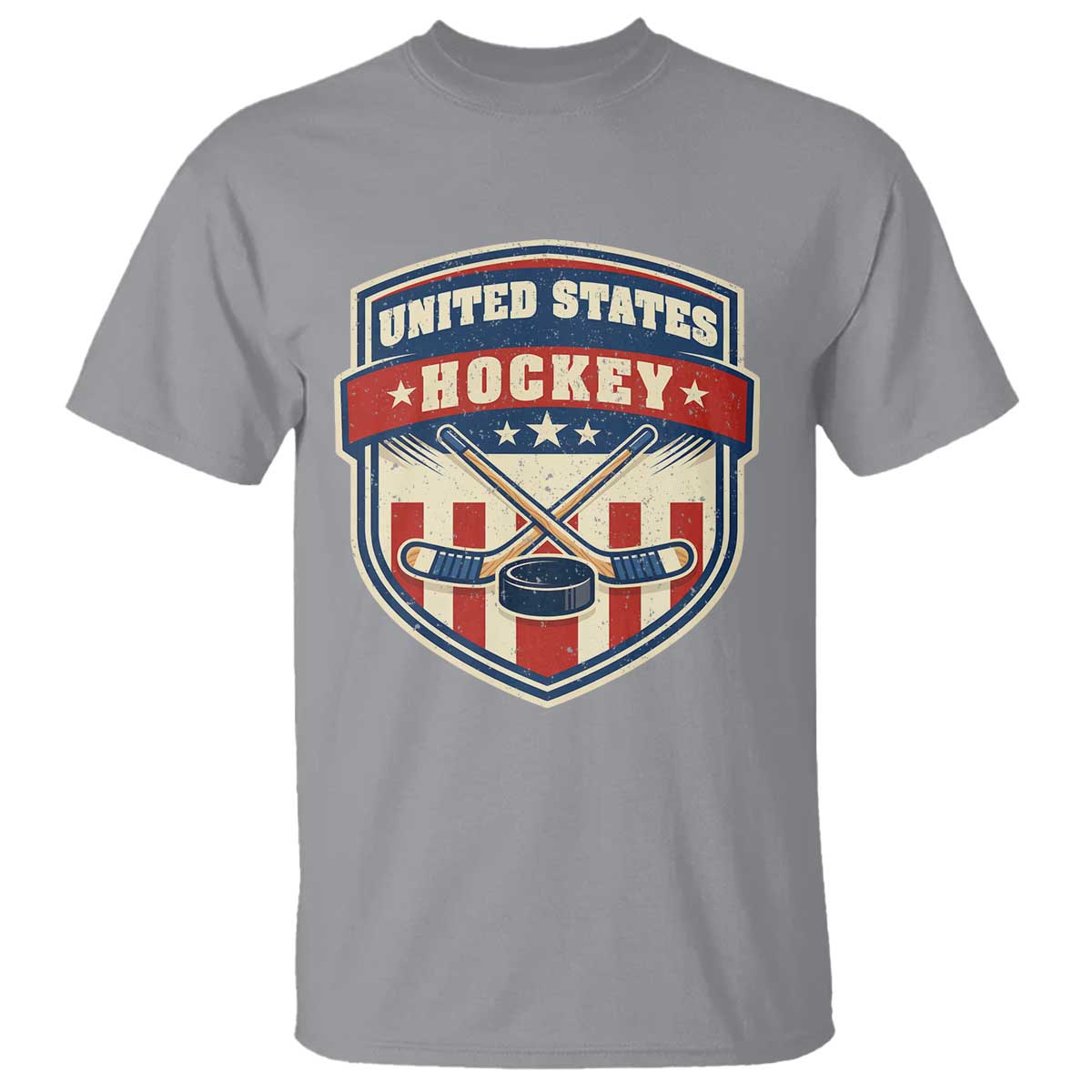 Hockey Crossed Sticks And Puck Retro USA Shield Flag T Shirt Red White Blue Striped Patriotic Sports Fan Pride Graphic
