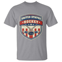 Hockey Crossed Sticks And Puck Retro USA Shield Flag T Shirt Red White Blue Striped Patriotic Sports Fan Pride Graphic