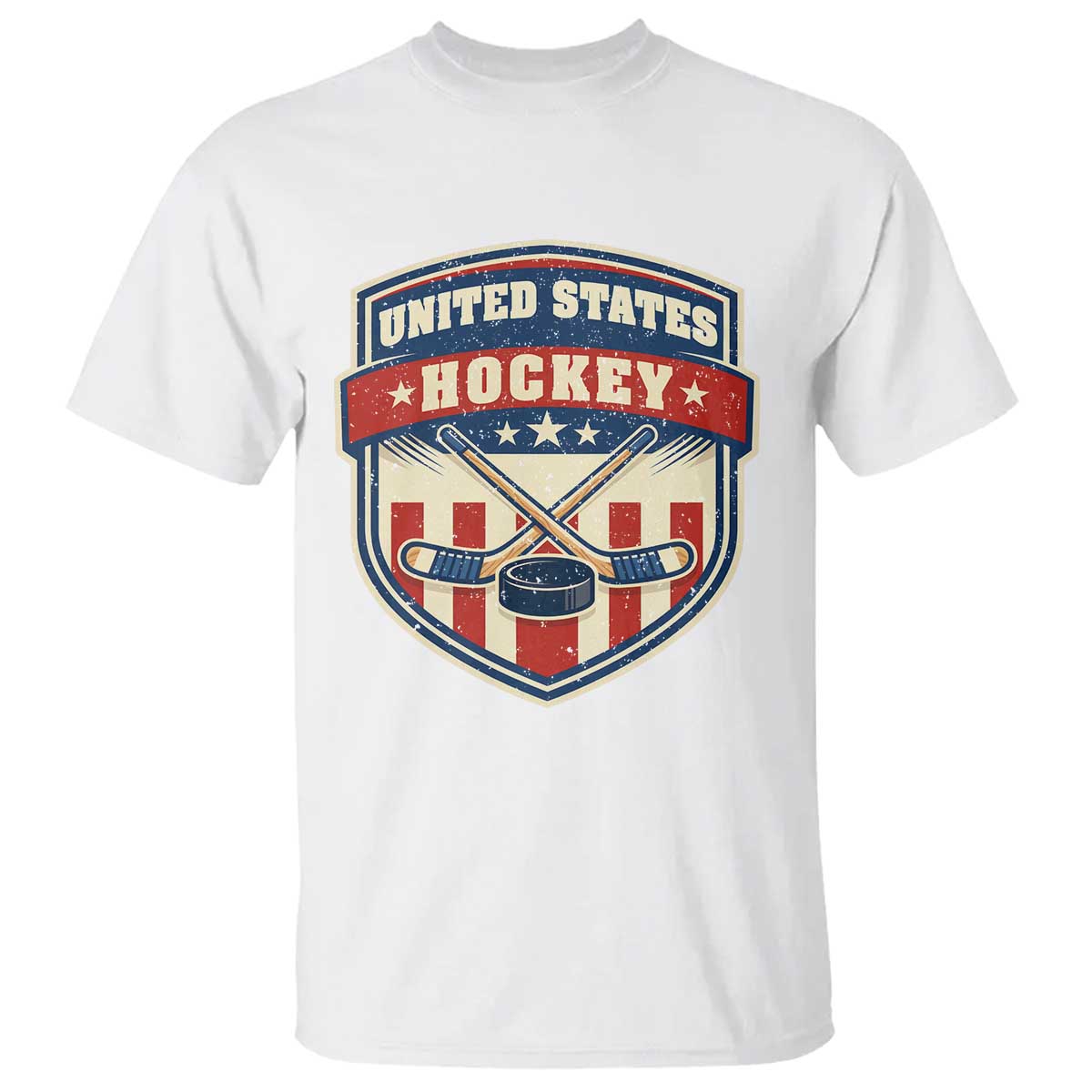 Hockey Crossed Sticks And Puck Retro USA Shield Flag T Shirt Red White Blue Striped Patriotic Sports Fan Pride Graphic