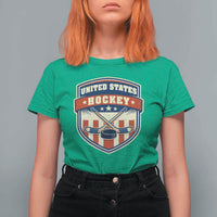 Hockey Crossed Sticks And Puck Retro USA Shield Flag T Shirt For Women Red White Blue Striped Patriotic Sports Fan Pride Graphic