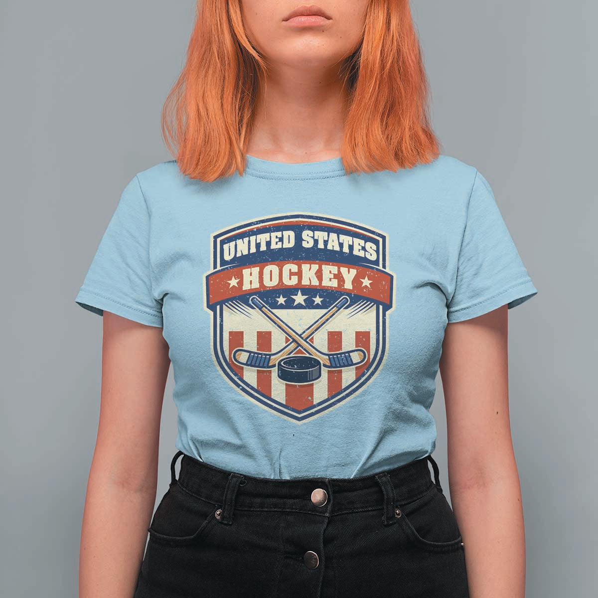 Hockey Crossed Sticks And Puck Retro USA Shield Flag T Shirt For Women Red White Blue Striped Patriotic Sports Fan Pride Graphic